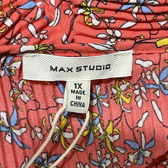 New Max Studio Pleated Tunic Top Orange Floral Size 1X Long Sleeve - Picture 5 of 8